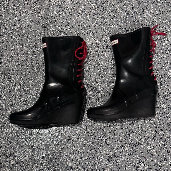 Hunter Women's Black Rain Boots with Red Lace up’s - Picture 4 of 5